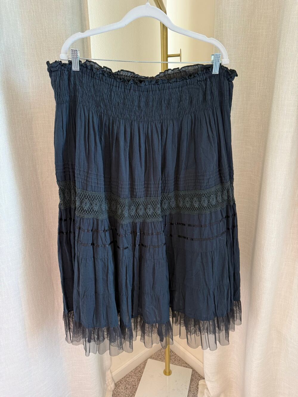 MPH Collection Midi Skirt Women's Size 2X Black Cotton Boho Tiered Tulle Trim